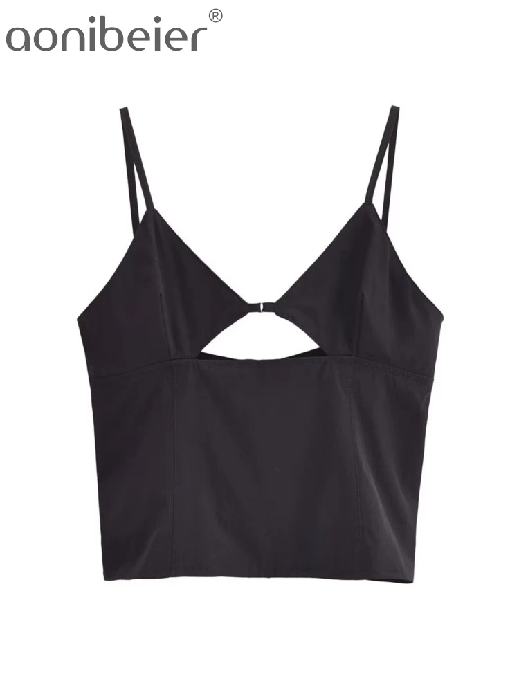 Aonibeier ультра тонкий женский черный Camis Traf летний ажурный V-образный вырез без