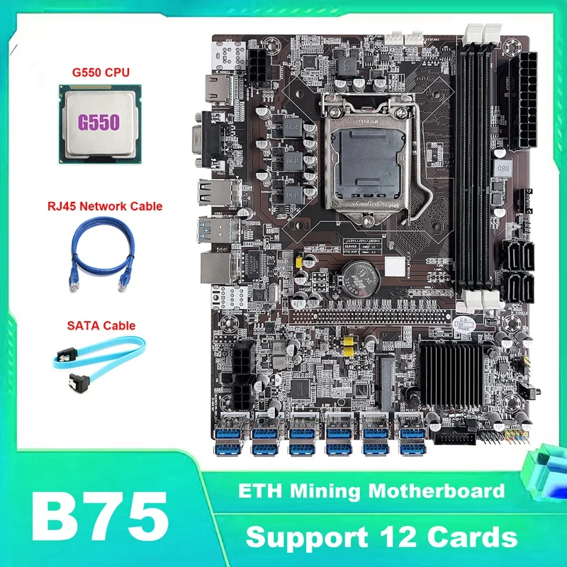 

B75 ETH Mining Motherboard 12 PCIE To USB LGA1155 Motherboard With G550 CPU+SATA Cable+RJ45 Network Cable