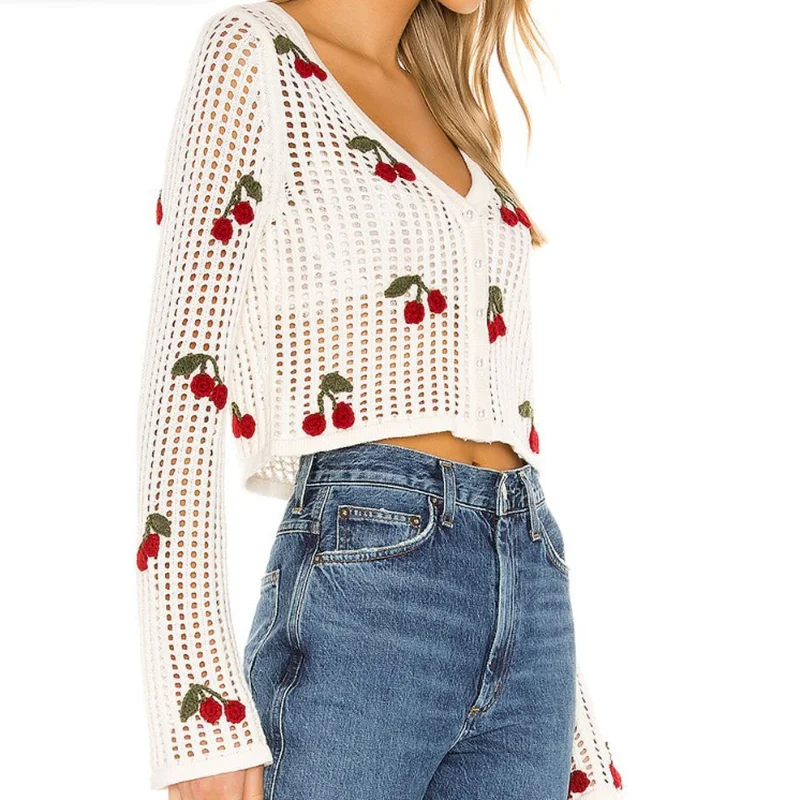 

Long Sleeve Cherry Printing Hollowing Pearl Button Mesh Knit Cardigan Coat Women Clothes Autumn Women Knitted Sweaters Cardigan