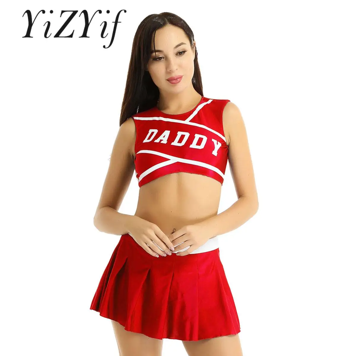 

Women Schoolgirls Lingerie Cheer Leader Cosplay Costume Cheerleading Uniform Sleeveless Crop Top with Mini Pleated Skirt Set
