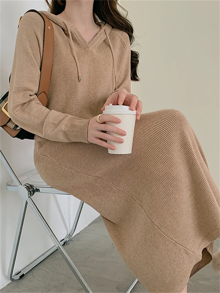 Syiwidii Thick Winter Dress Woman 2022 Fall Knitted Long Sleeve Elegant Office Casual Long Dress with Hooded Korea Sweater Dress