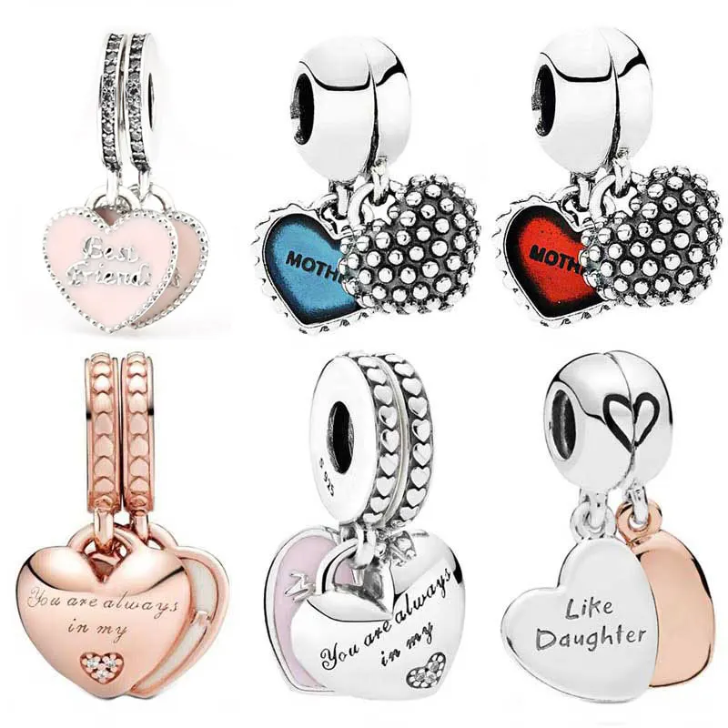 

Brand New Two Mother Daughter Son Heart Friends 925 Sterling Silver Pendant Beaded Fit Fashion Charm Bracelet DIY Charm Women Hi