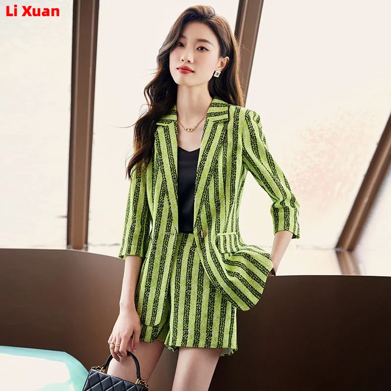High Quality Korean Spring Suit Single Breasted Slim Print Casual Women Office Blazer Jackets Wide Leg  shorts Set Femme 2 Piece