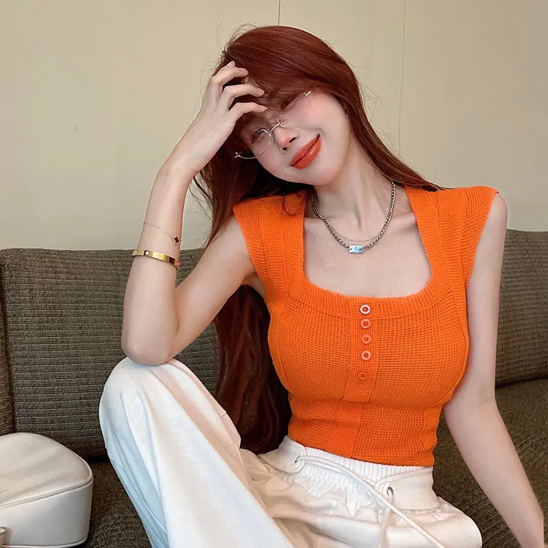 Новинка 2024 однотонная вязаная кофта женский элегантный топ без рукавов модная