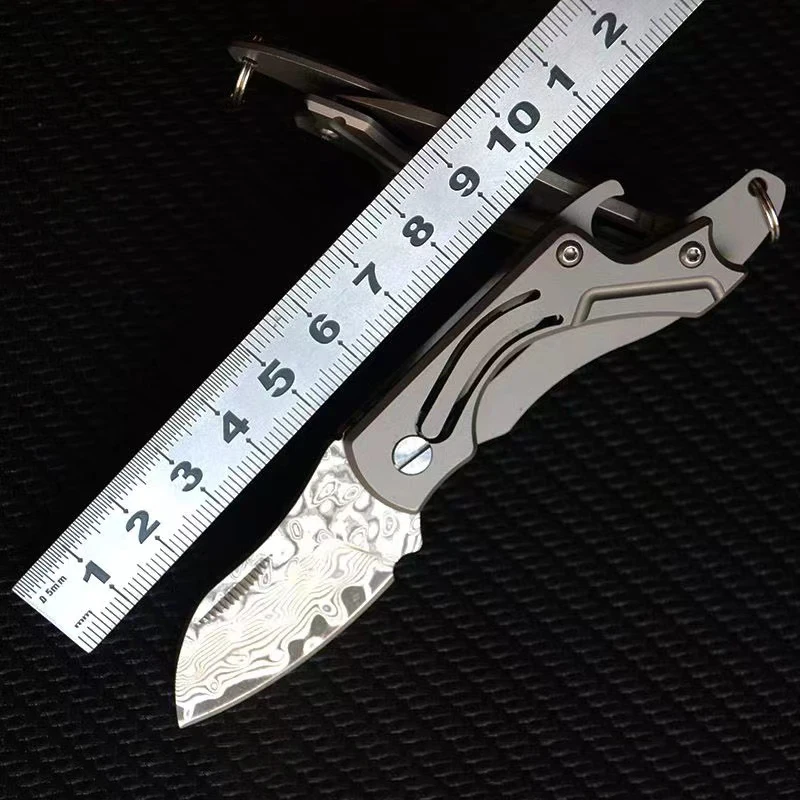 

Damasque Steel/D2 Blade Titanium Folding Knife EDC Portable Utility Knife Outdoor Hunting Self-defense Tool Bottle Opener Gift