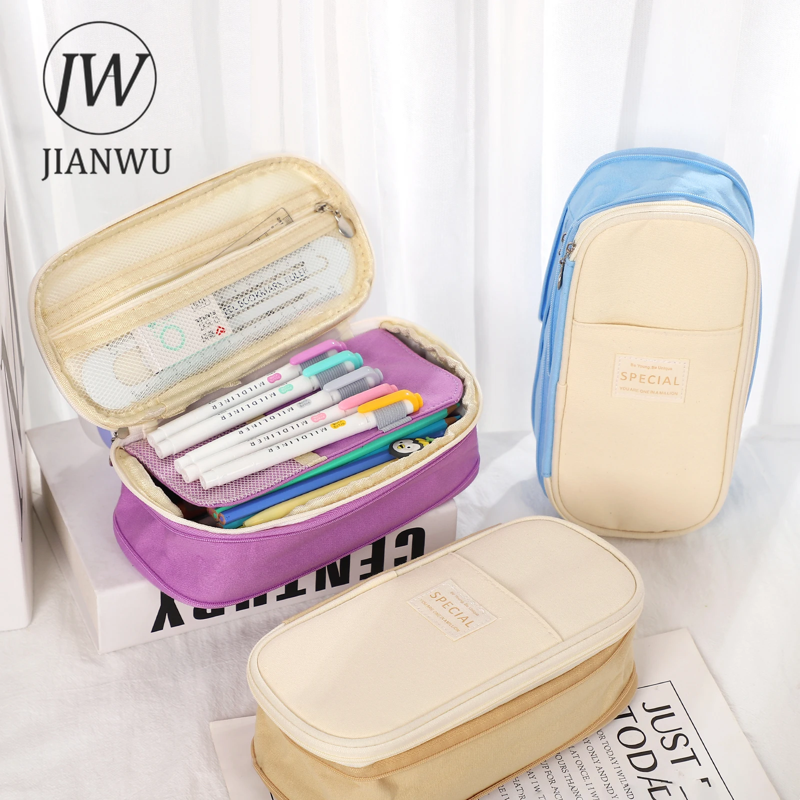 JIANWU Simple Macaron Color Large Capacity Zipper Pencil Case Multifunction Student Stationery Office Storage Canvas Pencil Bags