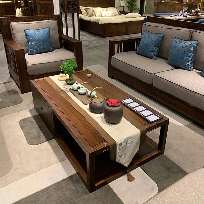 

New Chinese Solid Wood Sofa Modern Chinese Simple Fabric Sofa Combination Villa Model House Zen Hotel Furniture