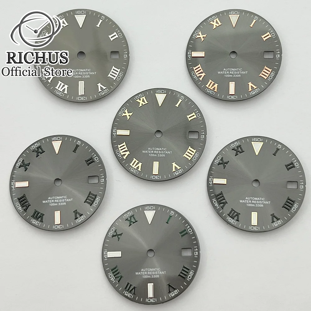 

29mm Gray Watch Dial Green Silver/Green Gold Roman Number Fits NH35 NH36 Movement For 3 o'clock Crown 3.8 o'clock Crown