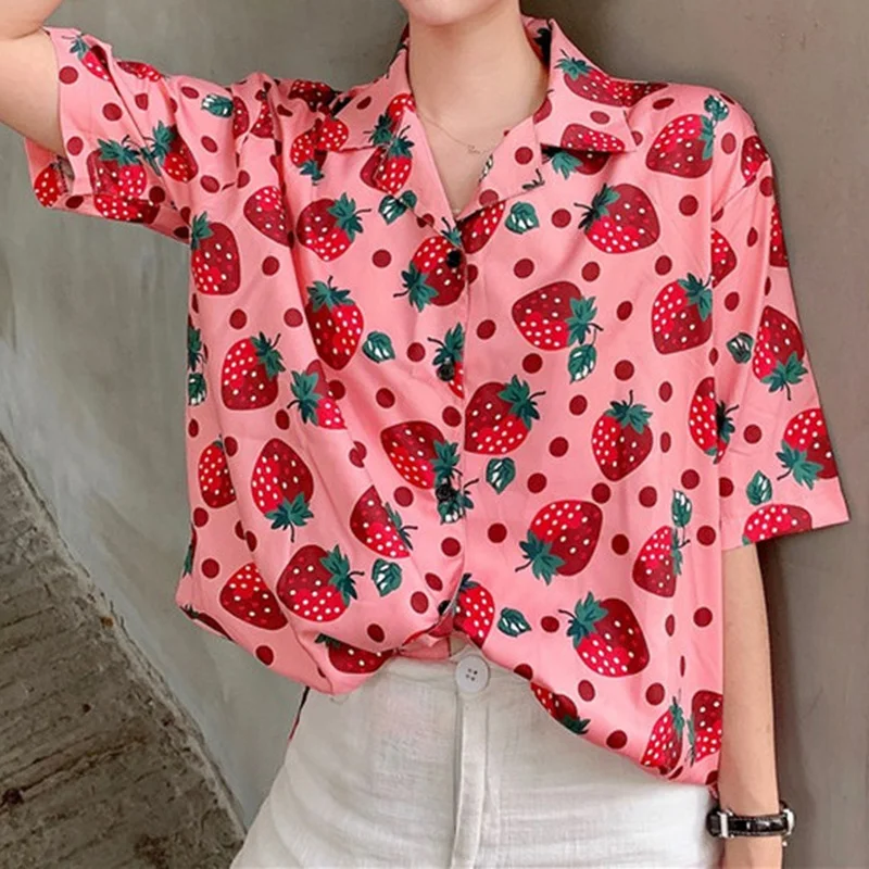 

New Women Strawberry Printed T-Shirts Korean Summer Female Holiday Casual Short Sleeve Tops Office Ladies Fashion Clothing Pink