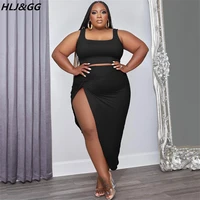 hljgg black plus size women two piece sets xl 5xl sexy sleeveless thin crop top and high side slit skirt outfits casual clothes