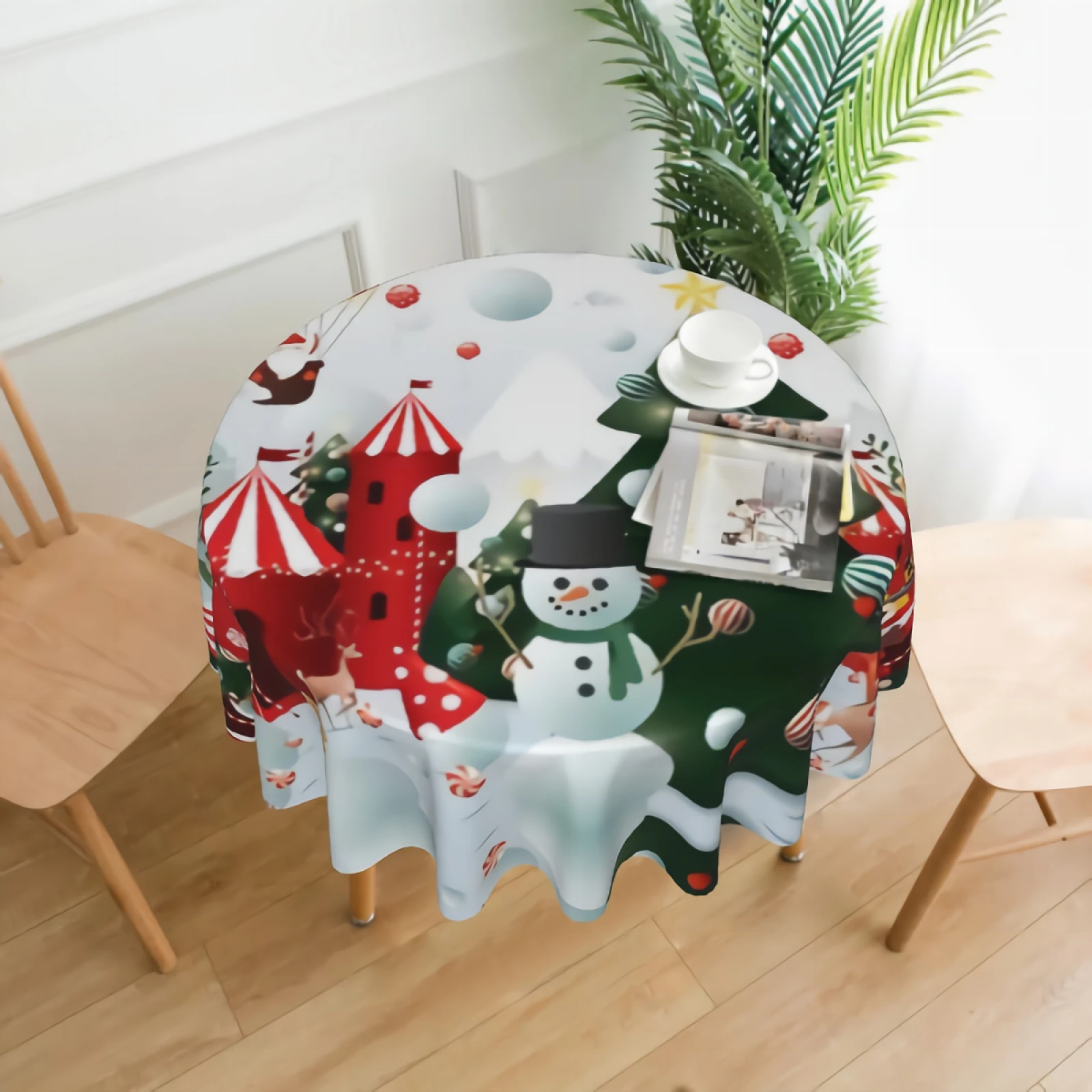 

Winter Wonderland Christmas Tablecloth 60 Inch Round Tablecloth Wrinkle Resistant for Party, Picnic, Tabletop, Dining Room