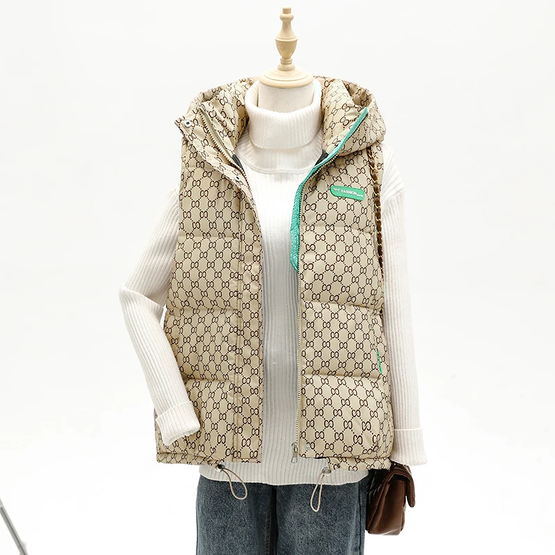 damska kamizelka z nadrukiem jesienno-zimowa bez rękawów Casual gruba ciepła kurtka kapturem