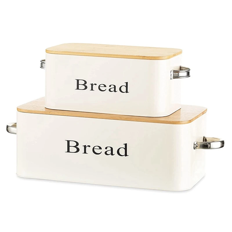 

2Pcs Metal Bread Box with Natural Bamboo Lid and Handles Kitchen Food Storage Container Bread Storage Box