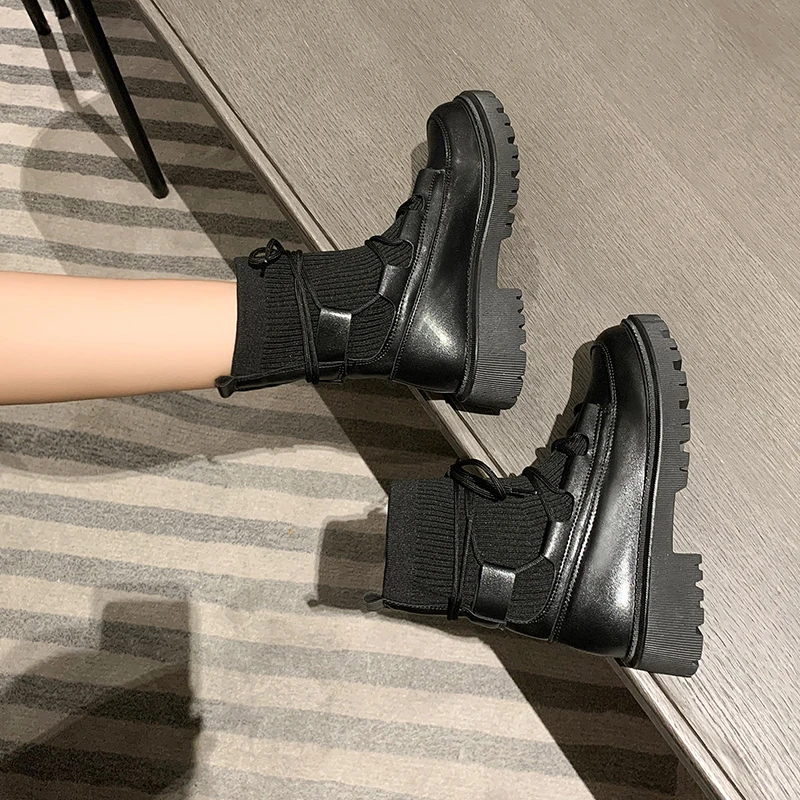 

Женские ботинки 2022, женские ботинки на платформе со шнуровкой, женская обувь на толстой подошве, женская обувь, ботинки с круглым носком из э...