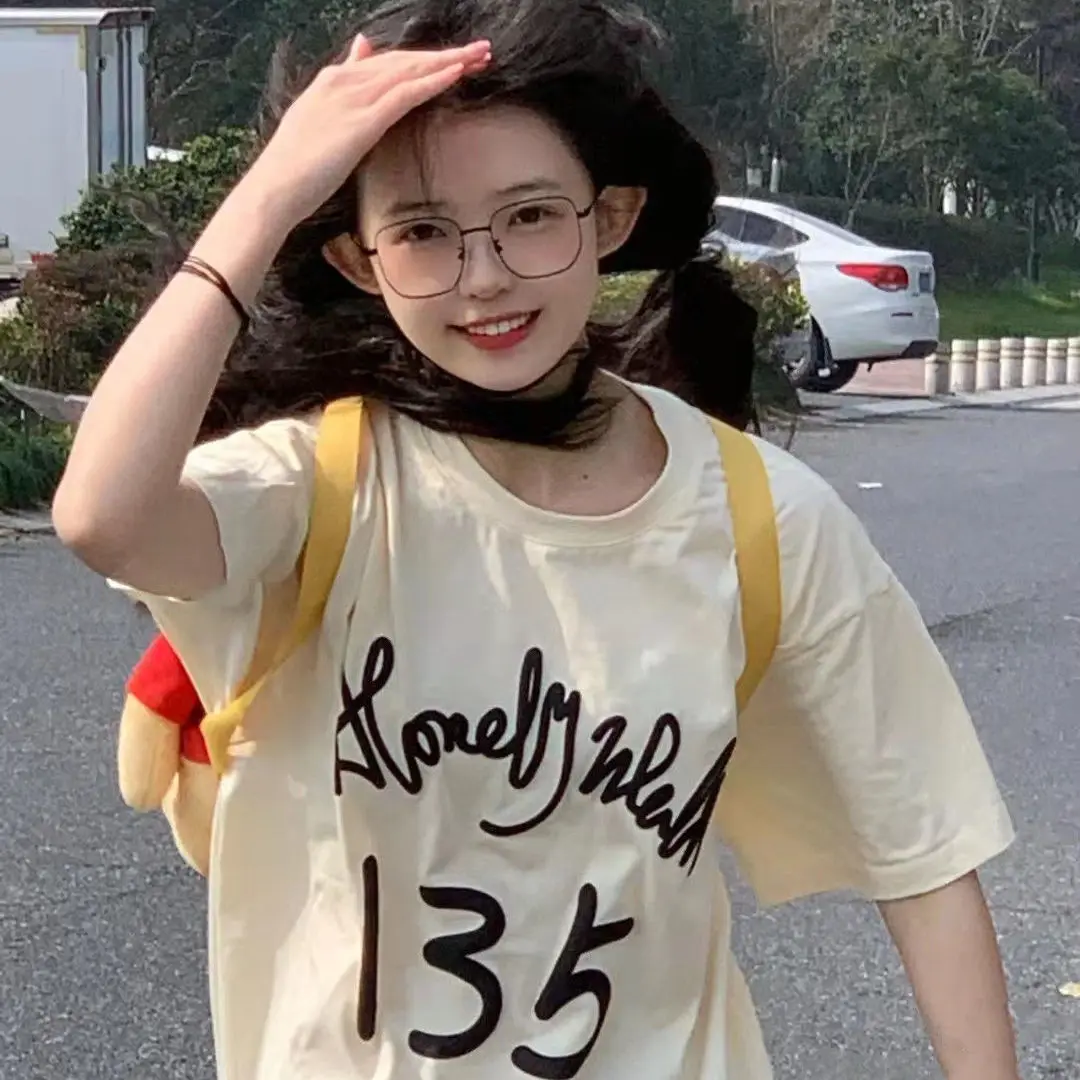 Women's Yellow Letter Print Summer T Shirt Short Sleeve Tshirt Japanese Harajuku Tee Tops Teenage Girl Cute Kawaii Clothes