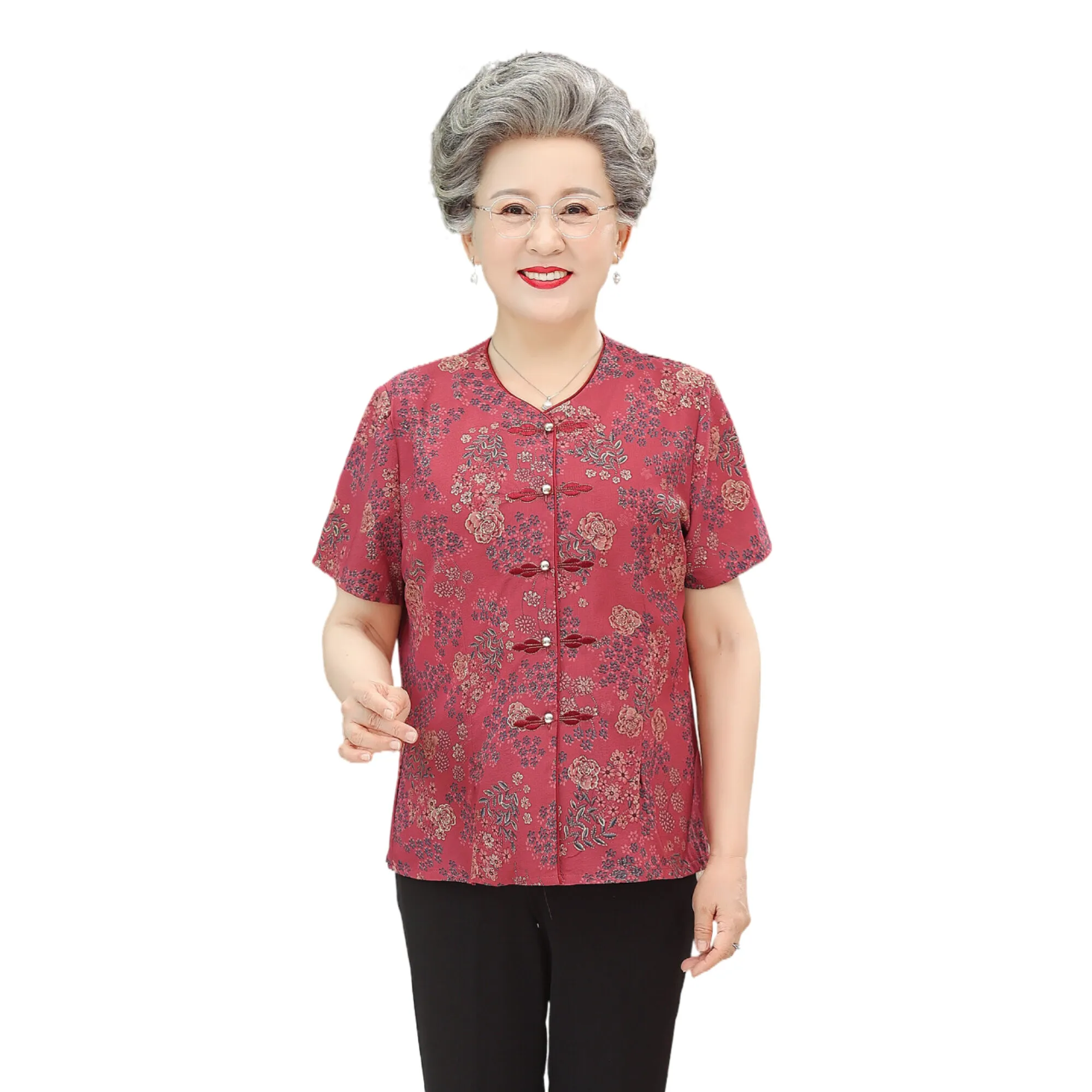 

Seniors citizens fashion Elderly Women chiffon Tshitrs Thin ladies Blouse O-neck short Sleeve Summer old aged Women's T-shirt