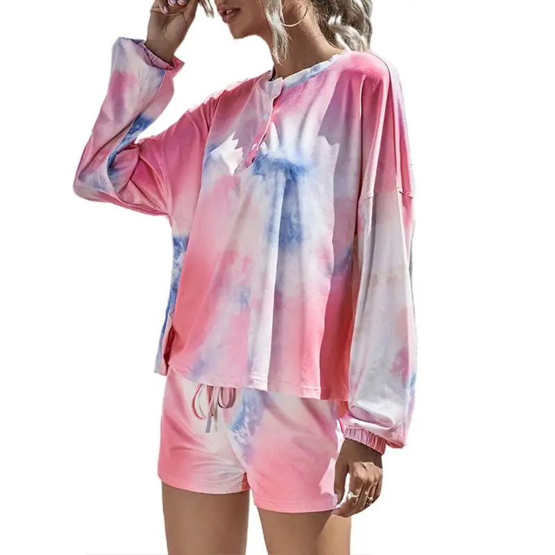 

Women Tie-Dye Pajamas Set Long Sleeve Buttons Tops Drawstring Shorts Loungewear