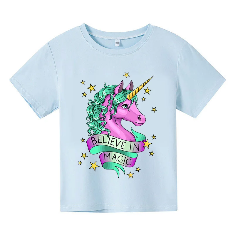 

Модная футболка и шорты с единорогом, удобная Милая разноцветная детская футболка для мальчиков и девочек, детский летний комплект с шортам...