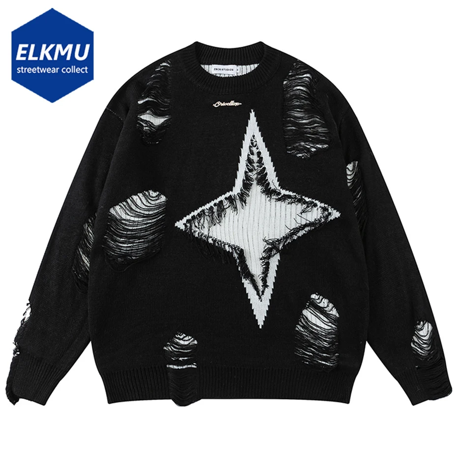 

Черный рваный свитер с бахромой и звездами в стиле пэчворк, в стиле Харадзюку, в стиле оверсайз, уличная одежда в стиле хип-хоп, Свитера 2023, Мужской Свободный пуловер Y2K, свитер