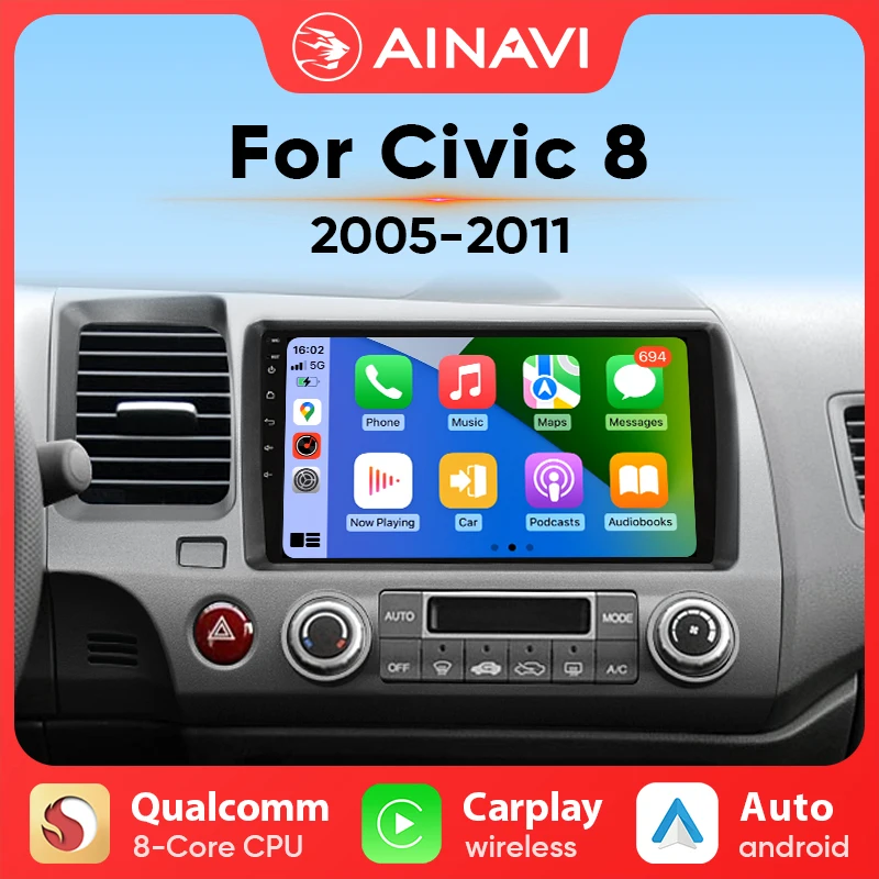 Ainavi Car radio For Honda Civic 8th 2005-2012 Carplay Android auto Qualcomm Car stereo Multimedia player 4G wifi DSP 48EQ 2 din