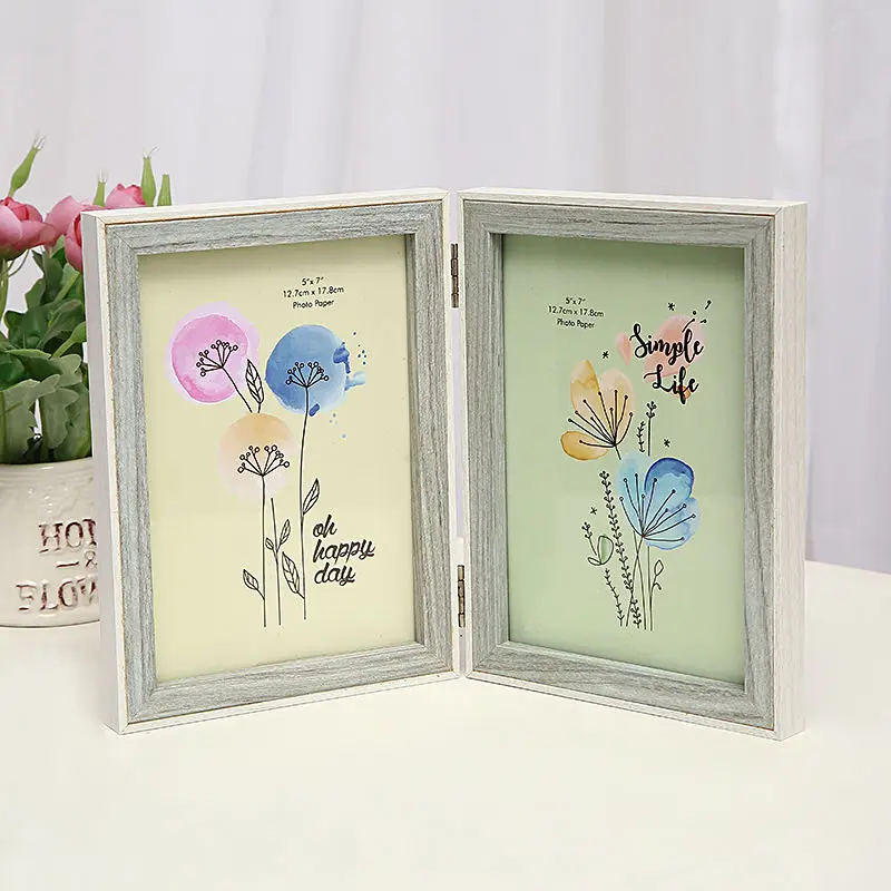 

6 Inch 7 Inch Retro Bi-fold Photo Frame 2 Sheet Combined Photo Frame Folding Conjoined Vertical Desktop Decor Wooden Photo Frame