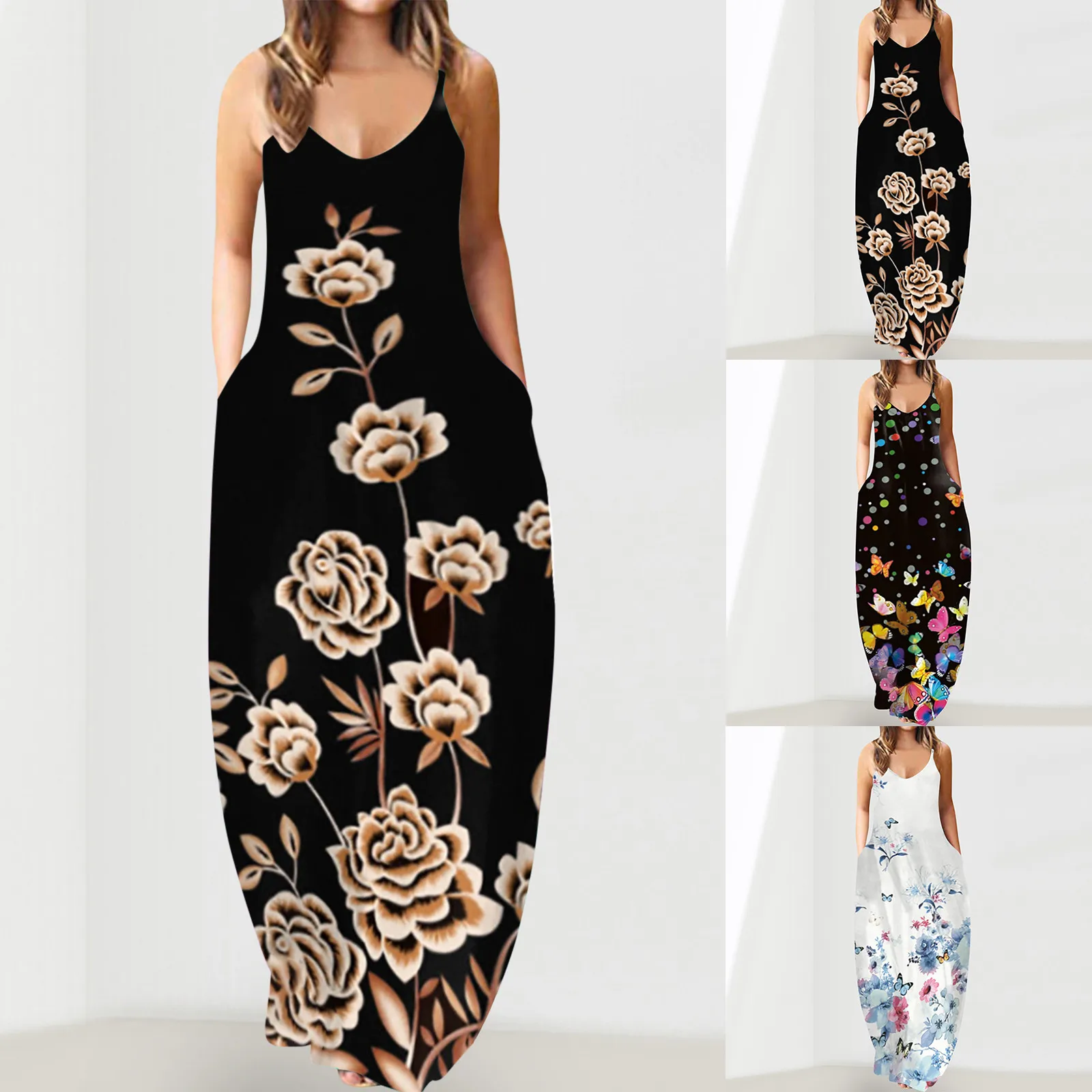 

Женское летнее модное платье с принтом, повседневное свободное платье на бретельках без рукавов с карманами, женское платье, женское розово...