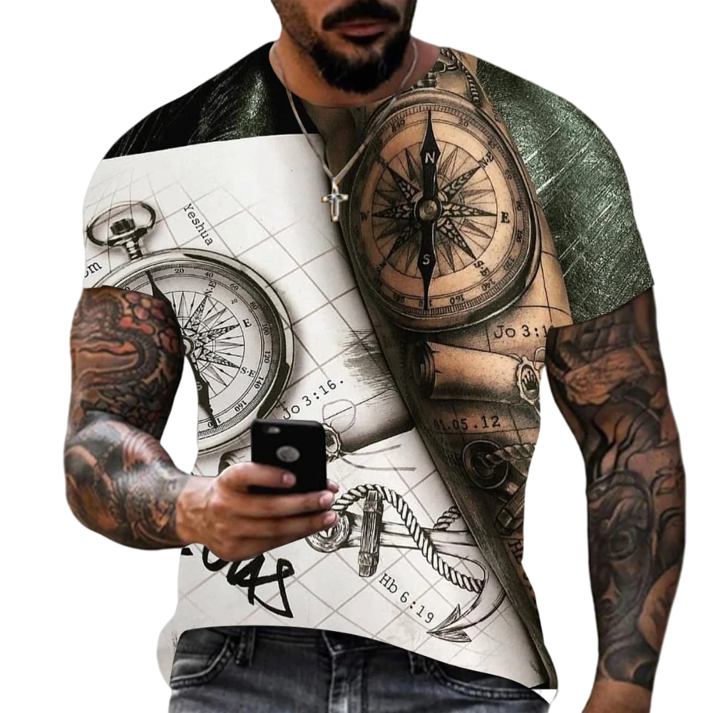 

2022 New Oversized Compass Ocean Map 3D Printing T-Shirt Men's Hip Hop Short Sleeve Shirt Street Fashion