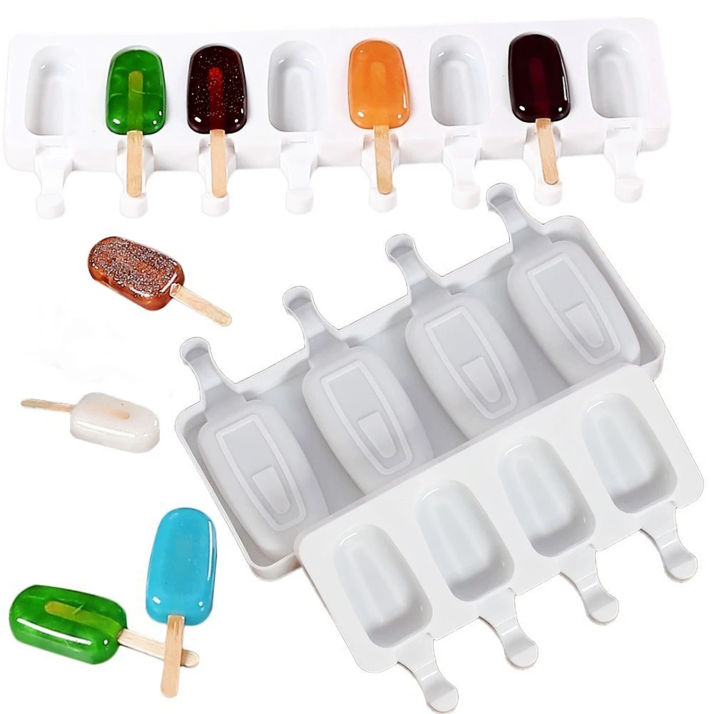 

4 Holes Silicone Ice Cream Mould With 50 Wooden Sticks Popsicle Lolly Summer Ice Cream Frozen Dessert DIY Mould Kitchen Bar Mold