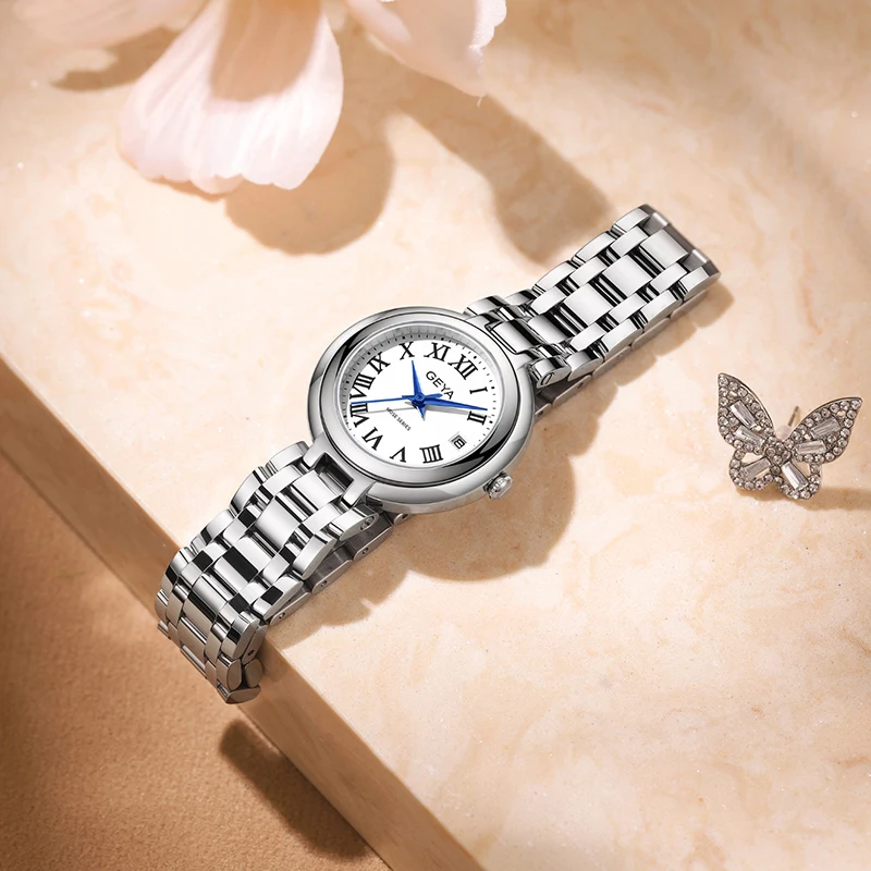 GEYA Роскошные серебряные элегантные женские часы из нержавеющей стали с