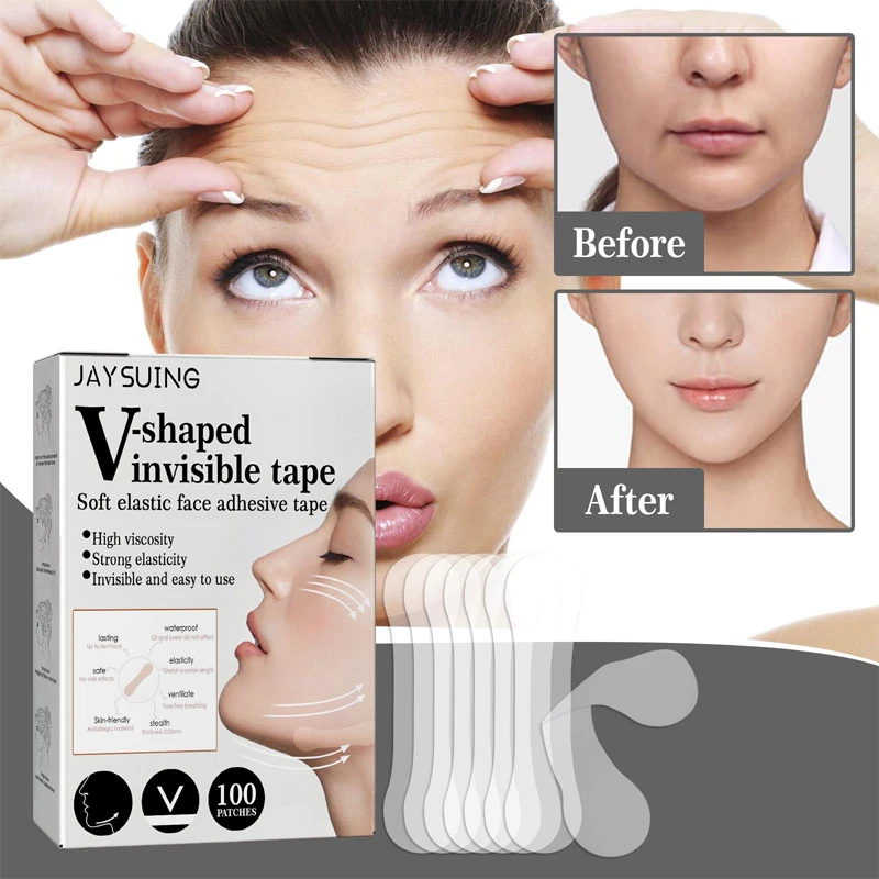 100Pcs/Set V-Shape Invisible Thin Face Stickers Forehead Line Wrinkle Removal Skin Face Lift Up Breathable Waterproof Chin Tape