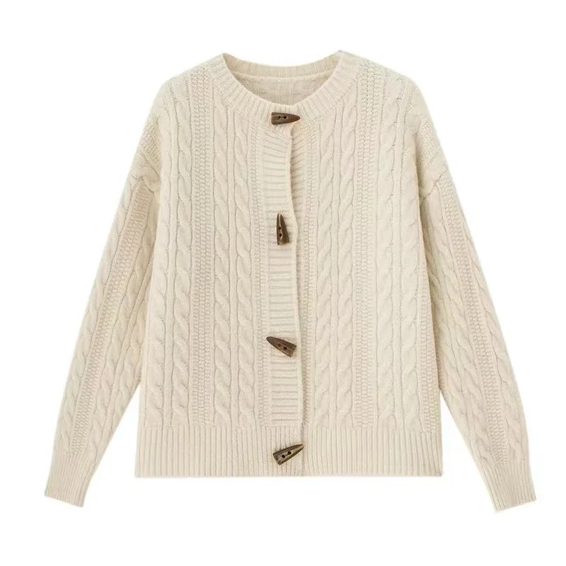 

Round Neck Horn Buckle Twist Knitted Cardigan Long Sleeve Women Sweaters Loose Coat New Solid Casual Chic Tops Clothes Coat