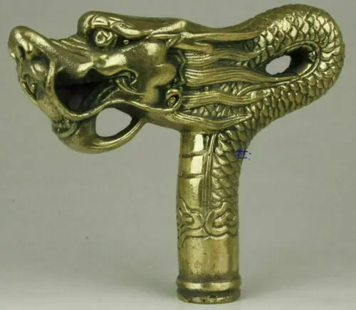 

Chinese Brass Copper Hand carved Cane Walking Stick Head Handle Dragon Statue