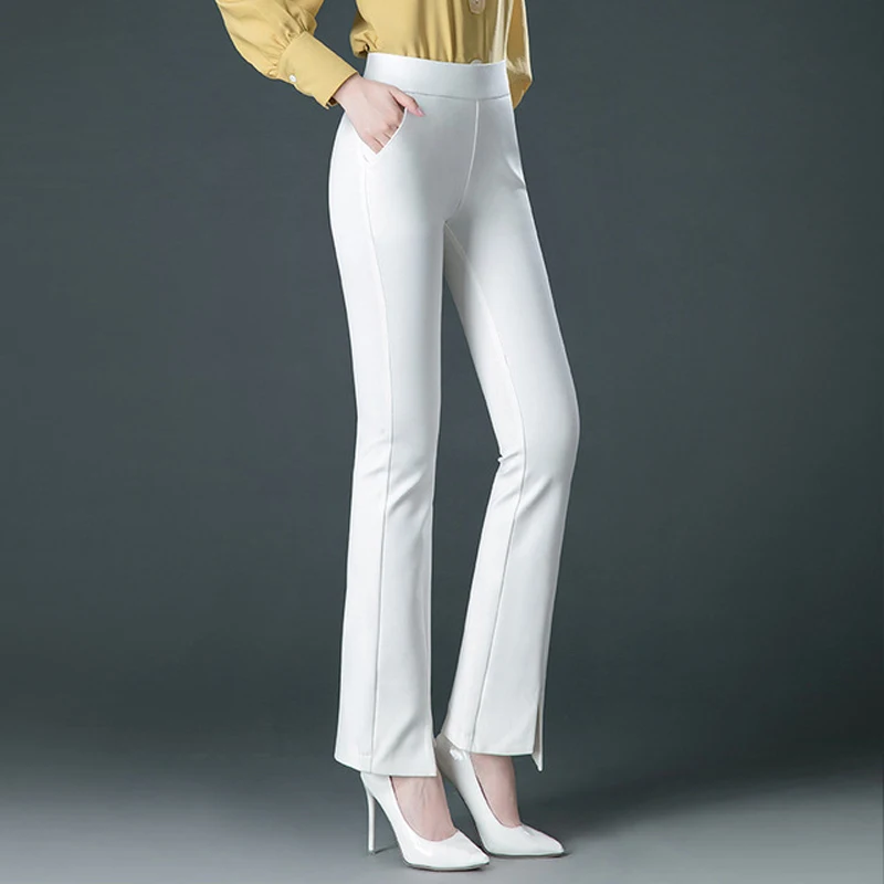 New Spring Autumn Women Elasticity Bell Bottom Pants Woman High Waist Elegant Flare Pants Ladies Full Length Trousers White