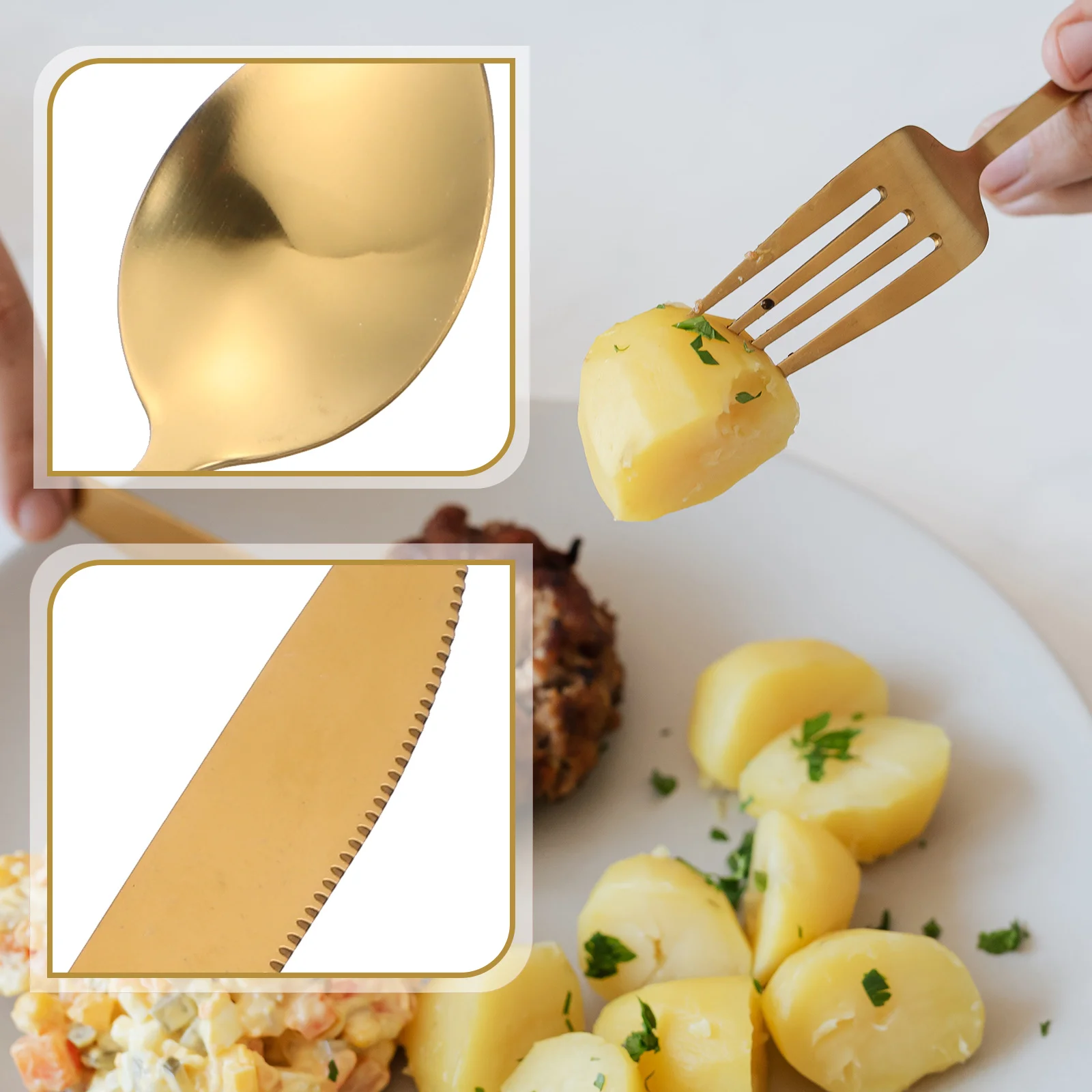 

Set Cutlery Stainless Steak Spoons Steel Dinner Fork Silverware Tableware Utensils Flatware Spoon Serving Gold Eating Kitchen