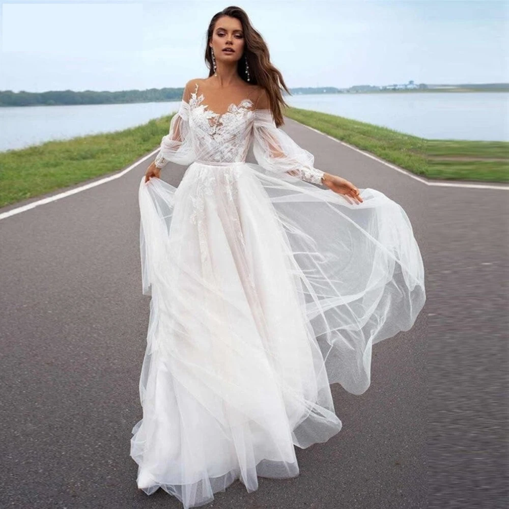 

Pmwrun Tulle Illusion Applique Wedding Dress Long Sleeve Pleat A-Line Floor Length with Belt and Button Bridal Open Back Gowns