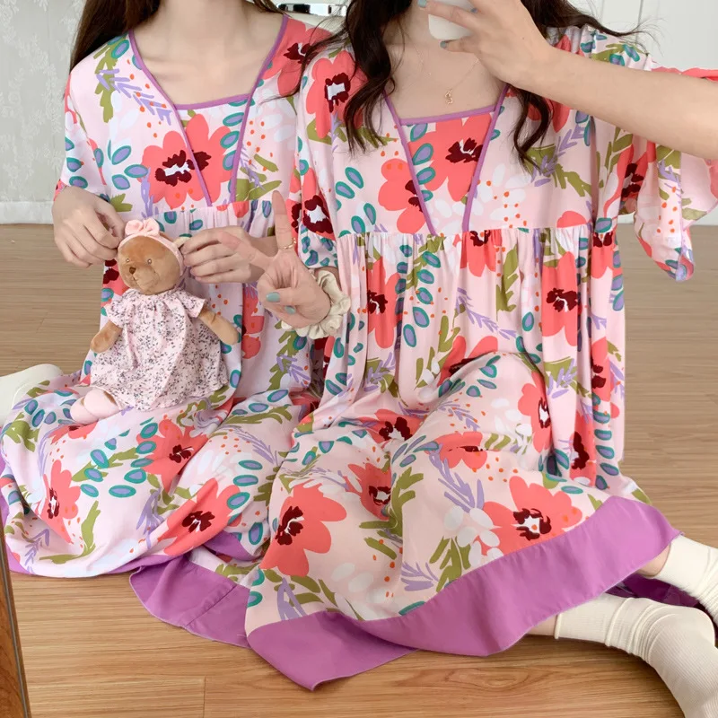 Summer Night Gown For Women Extra Large Short Sleeved Cotton Silk Nightdress Loose Nighty Dor Ladies