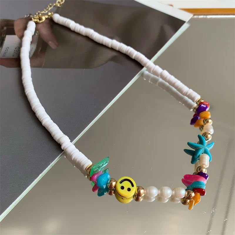 

Bohemian Style Colorful Starfish Soft Pottery Beaded Necklace Handmade Pendant Necklaces Women