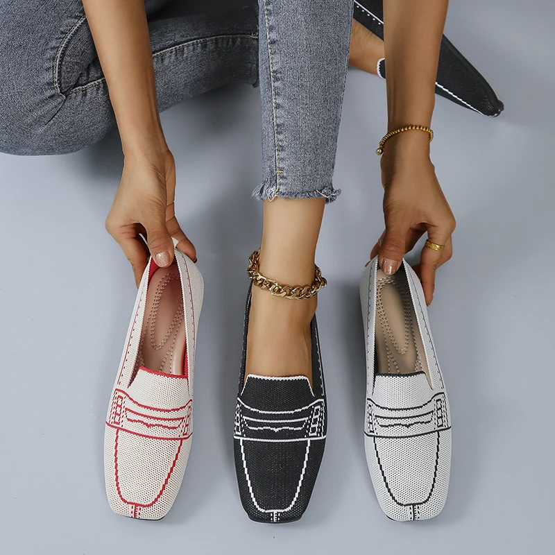 

Spring Summer Women Flat Shoes Breathable Knit Comfortable Soft Sole Round Toe Girl Slip-on Casual Shoes Loafers Sandals