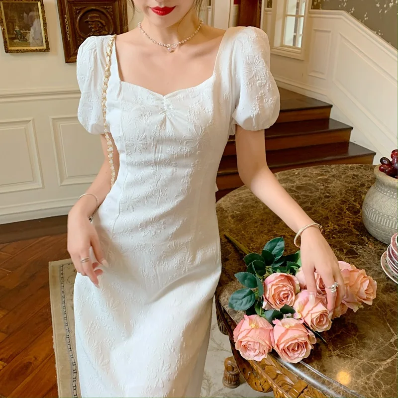 

2022 Summer Sweet Y2k French Vintage Square Collar Backless Women Midi Dress Short Sleeve Elegant One Piece Dress Korean