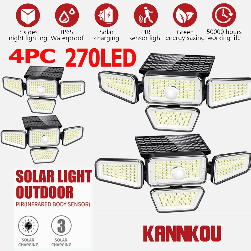 

Solar Led Light Outdoor Kannkou 4PC 270LED IP65 Waterproof PIR Rotatable Solar Wall Light Flood & Security Lights