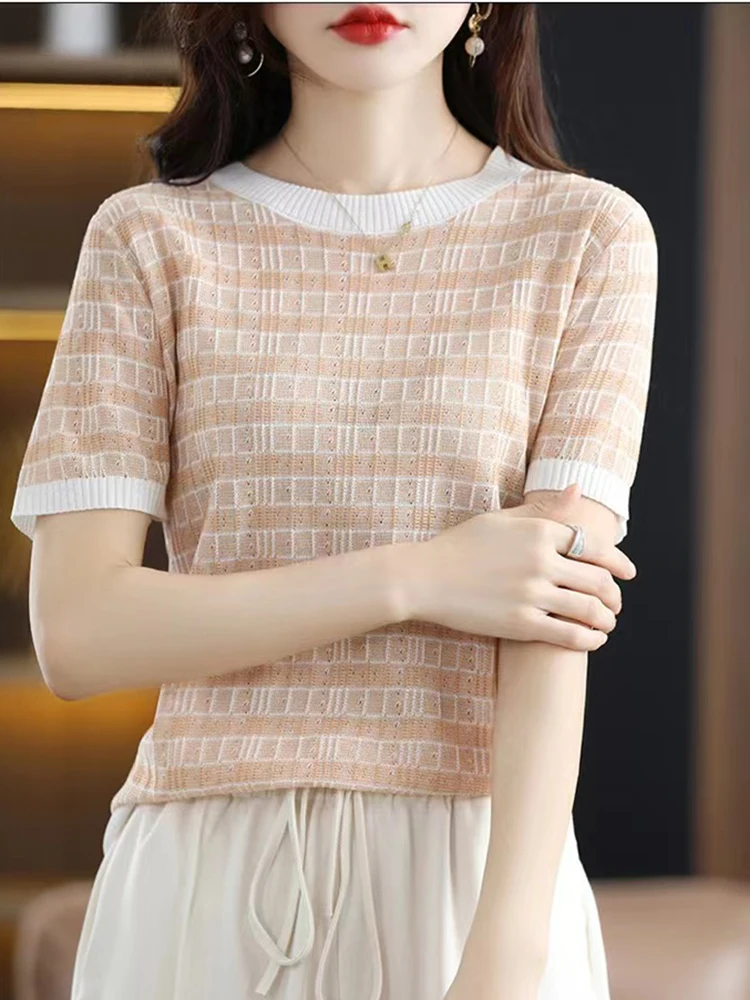 Женская футболка в полоску Базовая Трикотажная с коротким рукавом Корейском