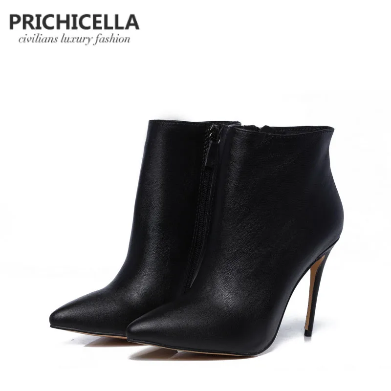 

PRICHICELLA Quality women genuine leather winter boots pointed toe black stiletto heels ankle booties size34-42