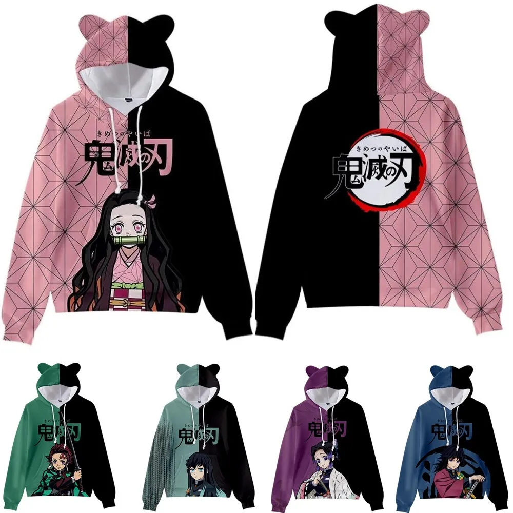 

Japan Anime Demon Slayer Pullover Women Hoodie Cat Ears Cartoon Sweatshirt Teens Boys Girls Cosplay Costume 3D Hoodies