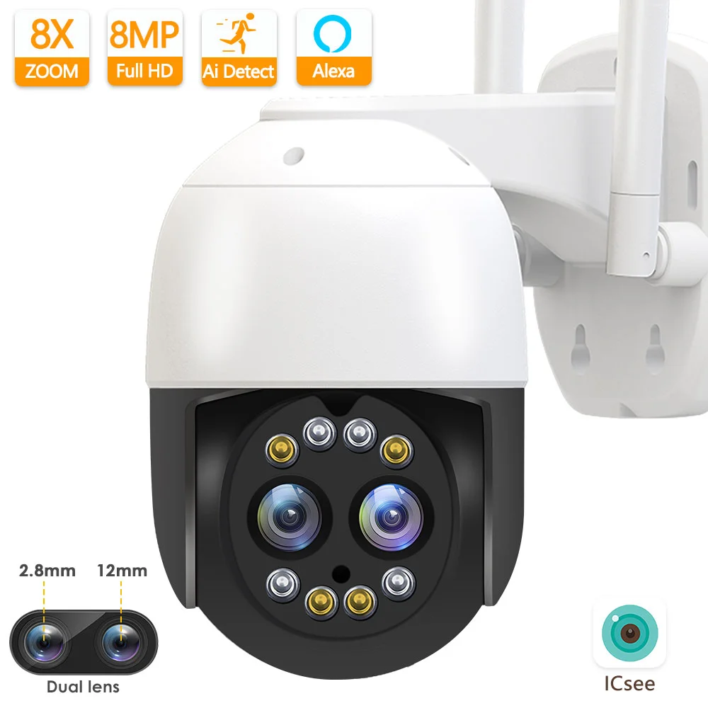4K Dual Lens WiFi IP Camera 8MP Outdoor CCTV Video Surveillance 8X Zoom PTZ 2K Security System Support Onvf Two Way Audio ICsee