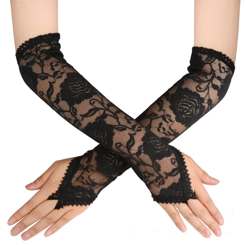 Women Sexy Hook Finger Lace Long Temptation Fingerless Gloves Etiquette Sunscreen Drive Pole Dancing Elasticity Exquisite