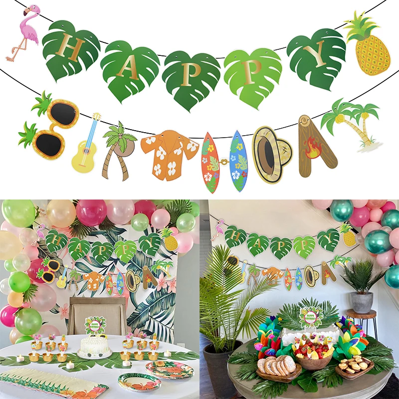

Hawaii Happy Birthday Turtle Leaf Flamingo Banner Garland Tropical Pineapple Cupcake Topper For Summer Birthday Party Cake Decor