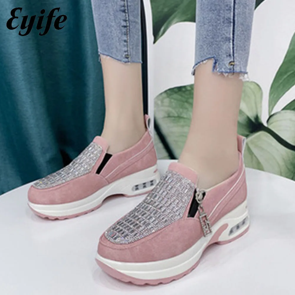 

New Women's Fashion Sneakers 2022 Autumn Bling Rhinestone Ladies Zipper Slip On Comfy Loafers Running Walking Sport Casual Shoes