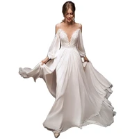 miss veil deep v neck wedding dress long sleeve modern chiffon bridal gown backless illusion a line sweep train vestido de novia