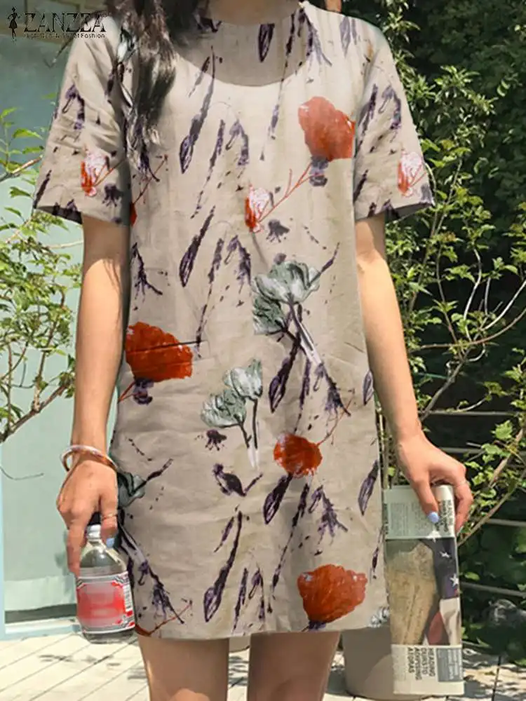 

2022 ZANZEA Women Romantic Dress Floral Print Short Sleeve Pockets O-Neck Sundress Bohemian Femme Fashion Casual Loose Midi Robe
