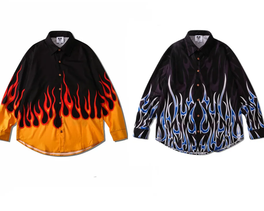 

Rock Roll Yellow Flame Autumn Winter Mens Fire Shirt For men Clothing Flamengo Vintage Clothes Prendas Superpuestas Streetwear